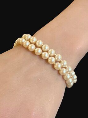Vintage Faux Pearl Bracelet Double Strand Hand Knotted Ivory Cream Mid Century